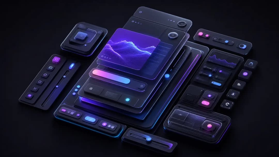 A grid of React UI components — buttons, cards, modals, tabs, carousels — shown on a dark background